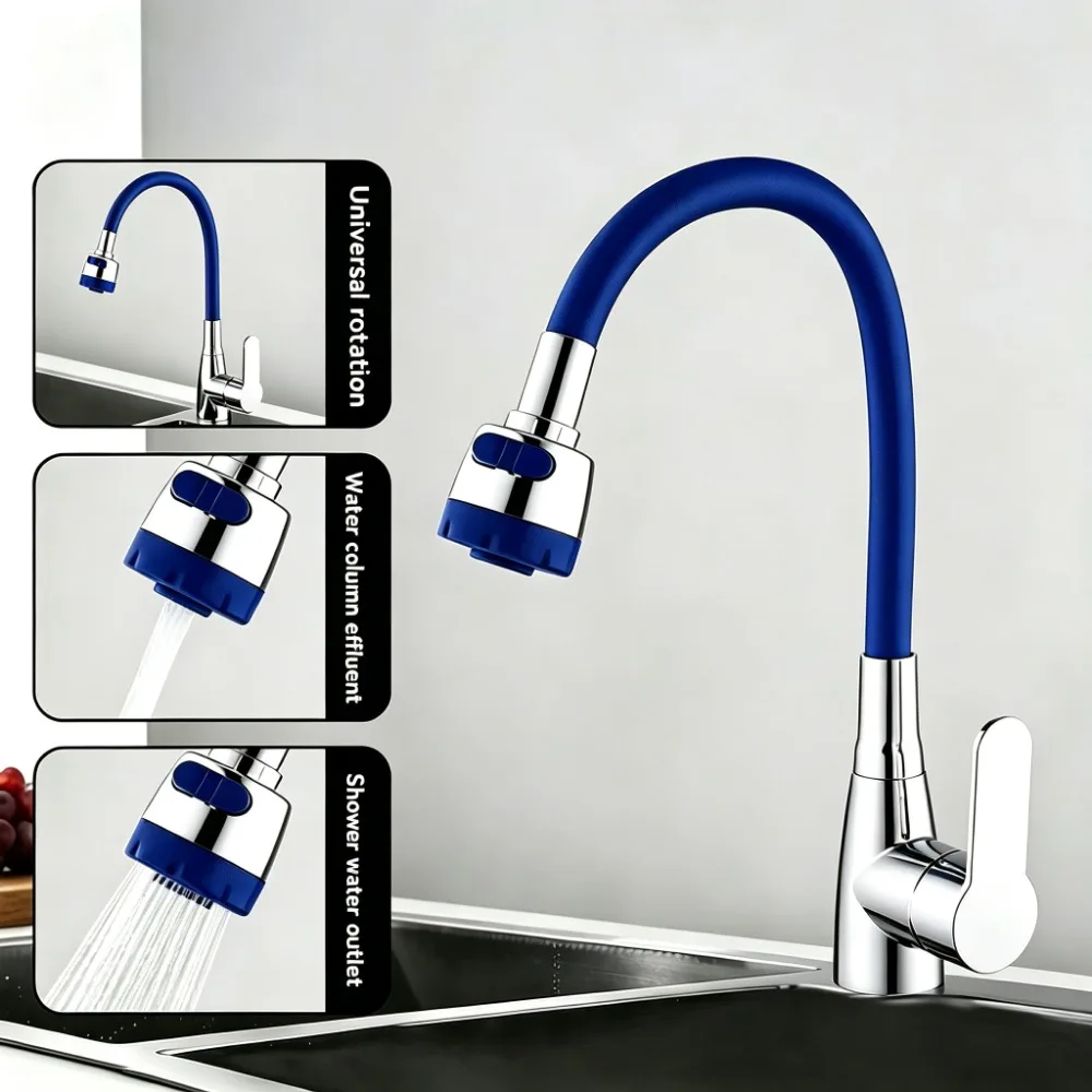 1 PC Modern High-End Design 360° Rotating Kitchen Faucet with Flexible Silicone Hose Nozzle, Sink Faucet, for Household Use