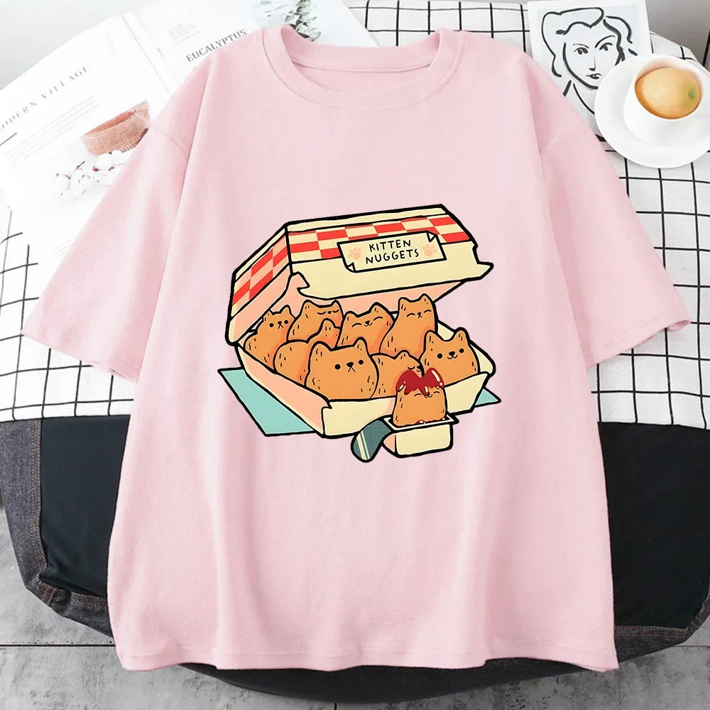 Camisetas felices de Nuggets de gatito para mujer, camisetas Kawaii/lindas de calle, camisetas 100% de algodón, galletas de gato, salsa para inmersión, manga corta