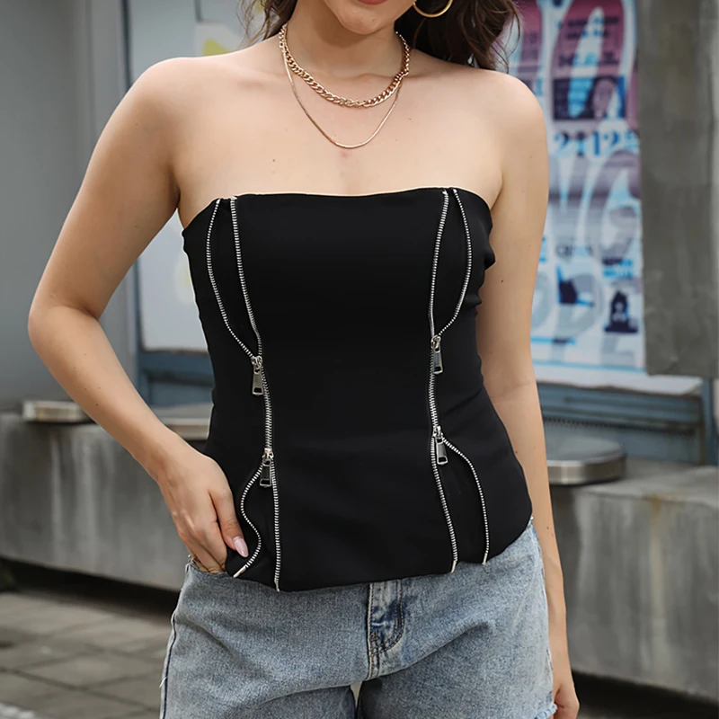 Y2K Tube Top for Women Sexy Sleeveless Tees Zipper Outfit Fashion Party Club Streetwear Summer Slim Korean Female Clothes