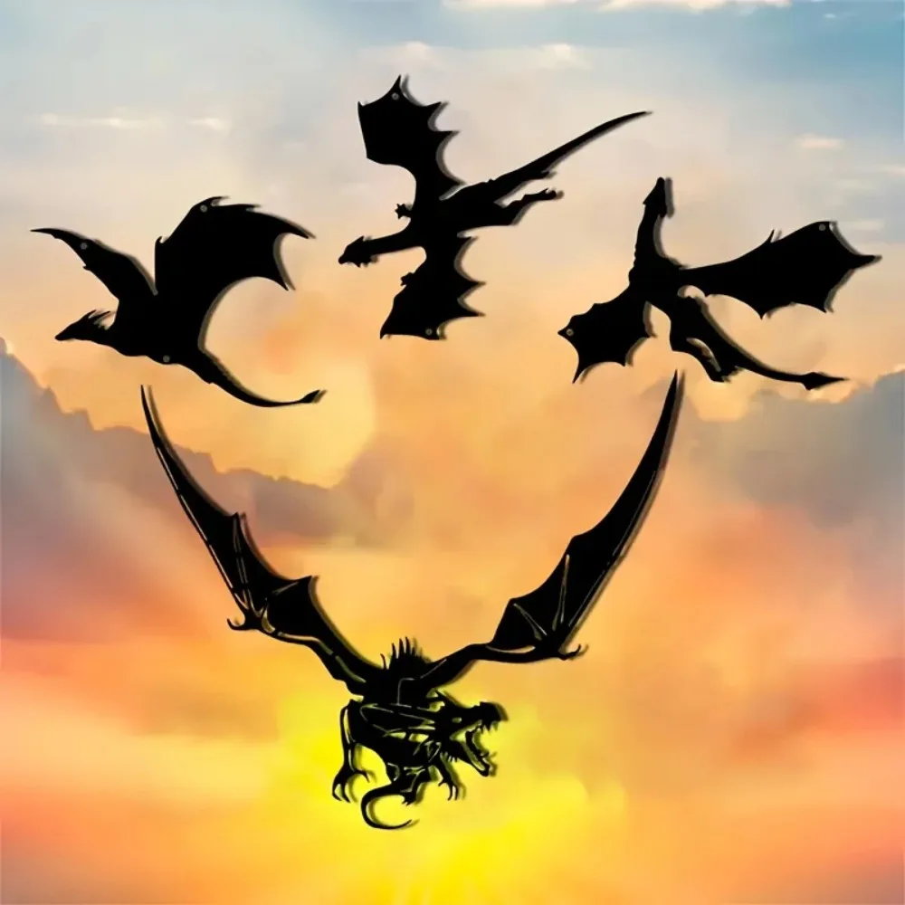 CIFBUY Metal Wall Art 4Pcs Dragon Iron Wall Decor 2D Flat Fantasy Hanging Ornament for Home Patio Balcony Garden Outdoor Gift
