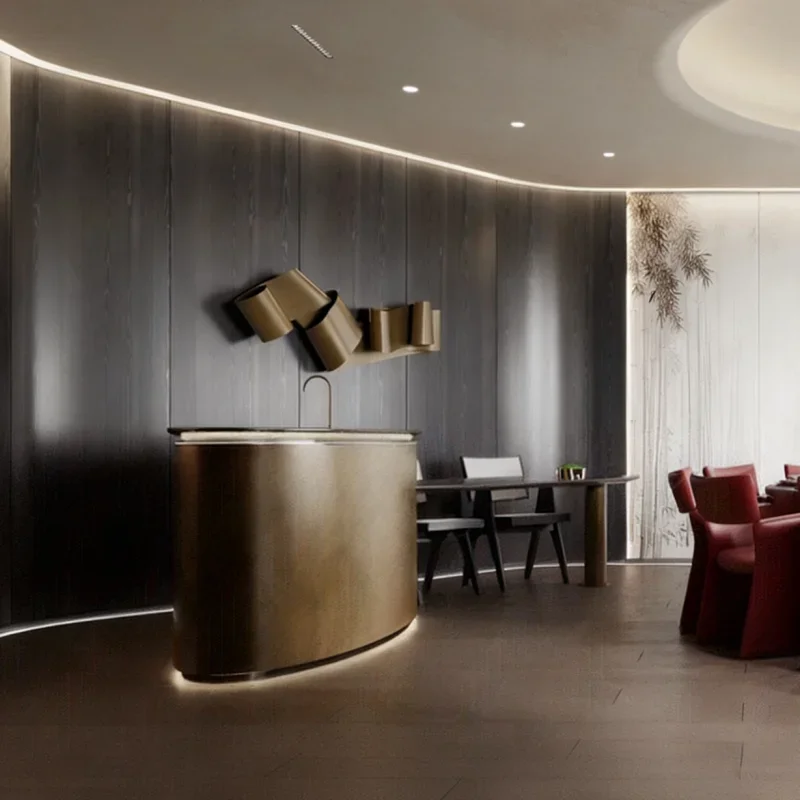 High-end light luxury style hotel lobby, clubhouse hotel private room, lobby wall decoration, three-dimensional metal wrought