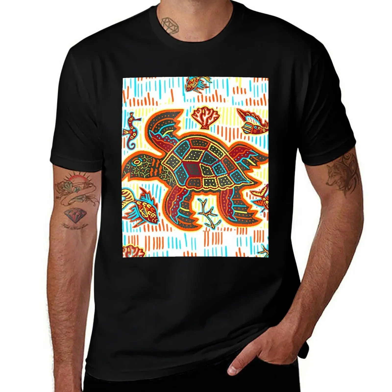 

Funny Sea Turtle By Mola Artwork of Panama Kuna T-Shirt essential t shirt cotton t shirt man