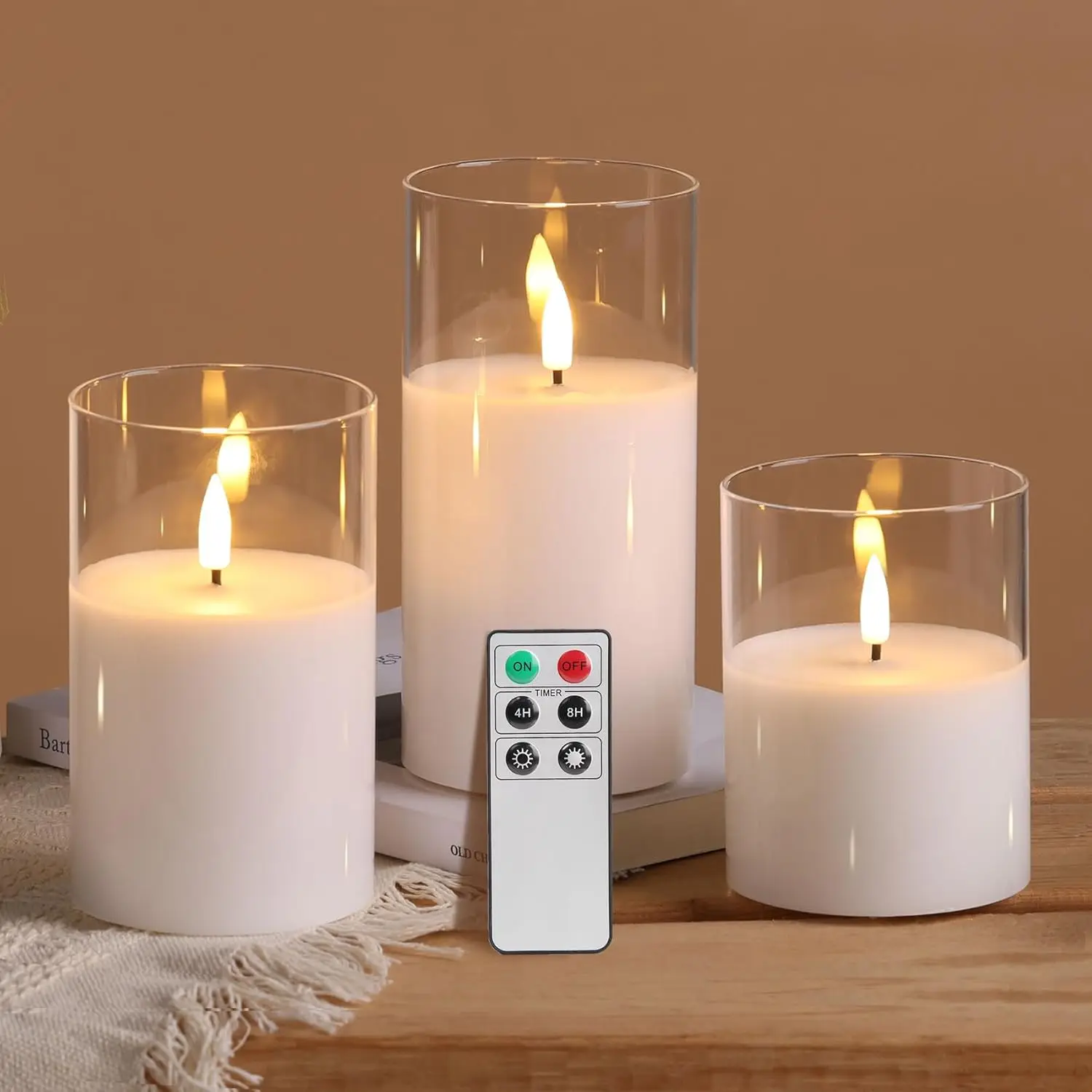 

Clear Glass Flameless Candles with Remote Timer, Flickering LED Pillar Set of 3 for Home Decor