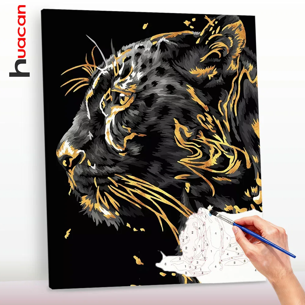 Huacan Malen nach Zahlen auf Leinwand DIY-Sets Leoparden-Tier-Malerei nach Zahlen Heimdekoration Geschenk DIY-Set für Erwachsene ﻿