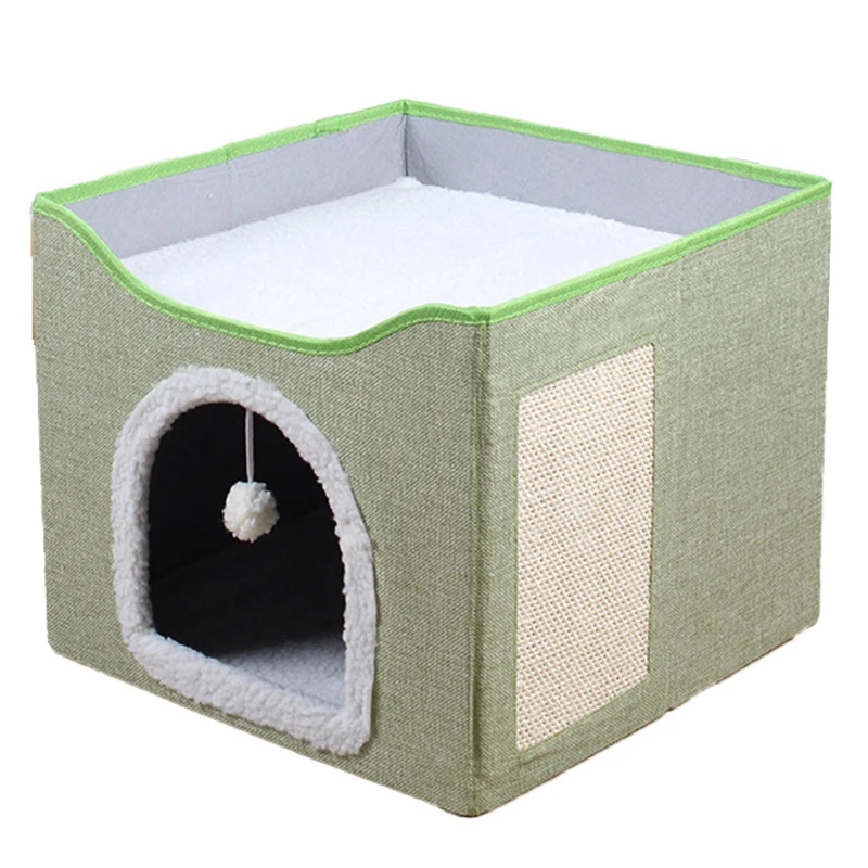 

Large Cat Bed With Ball Hanging And Scratch Pad Double Layered Foldable Cat Beds For Indoor Cats Sleeping All Seasons