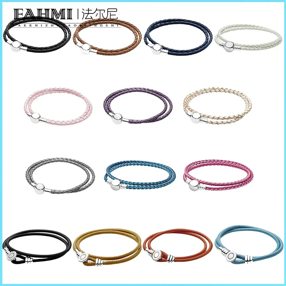 

Fahmi 100% 925 Sterling Silver Fresh Simple Double Circle Multicolor Cute Leather String Gift Versatile Temperament Bracelet