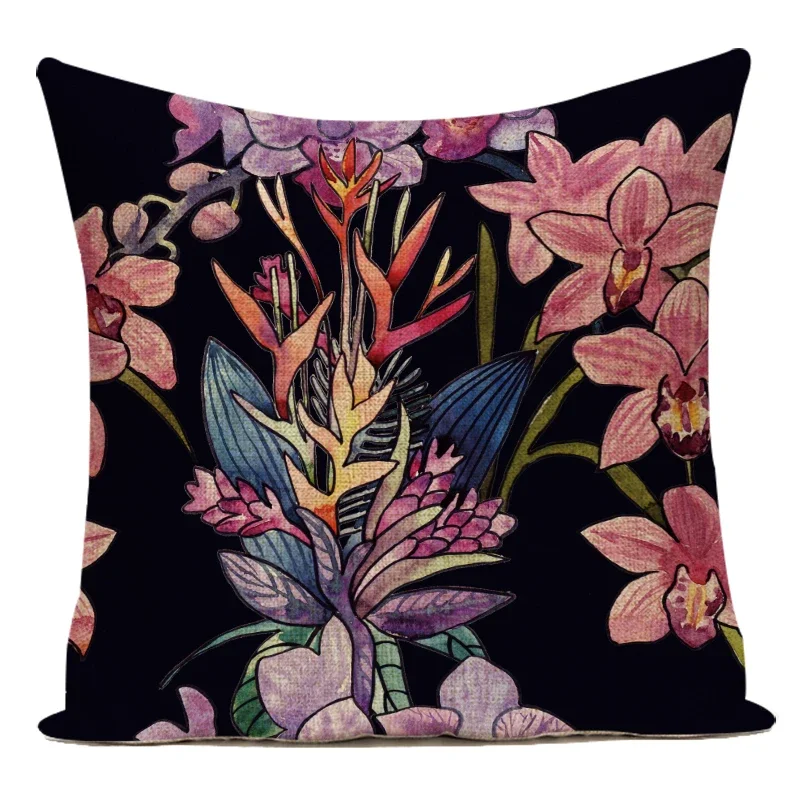 Tropical Plants Leaf Leaves Flower Black Ground Purple Flower Polyester Pillow Cover Decorative Sofa Home Cushion Cover