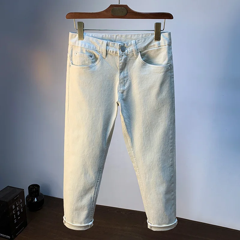 2025 Summer Thin Rice White Jeans Men's Korean Edition Micro Ha Small Straight Foot Casual Simple Denim Men's Pants