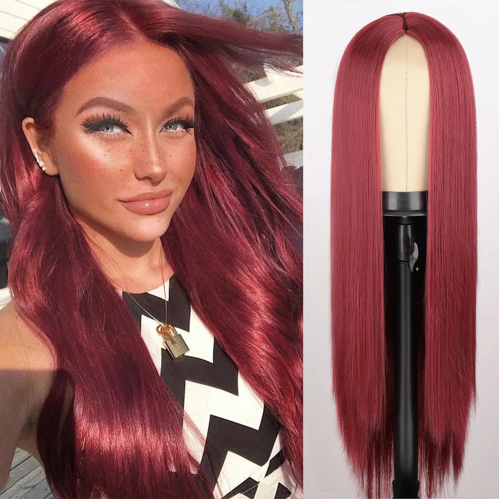 Pelucas de color rojo vino para mujer, peluca sintética larga recta 13*4 con encaje frontal rojo, aspecto natural, 32 pulgadas para Cosplay, fiesta de Navidad