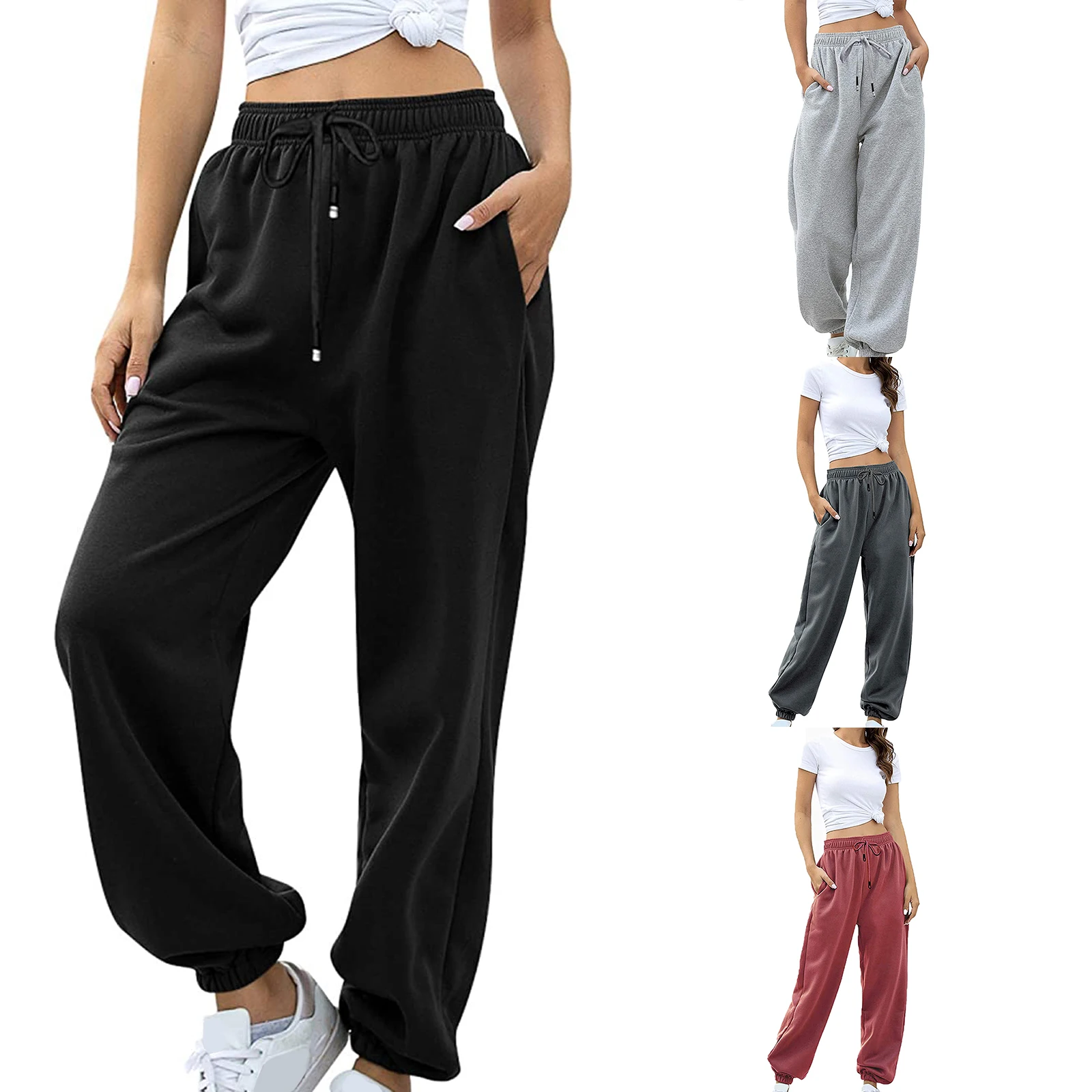 

Women Autumn Casual Pants Solid Color Drawstring Elastic-Waist Long Trousers with Pockets for Girls 4 Colors