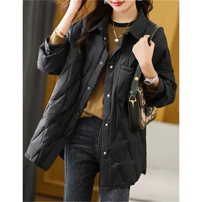 2025 Autumn Women Black Thin Cotton Quilted Coats Female Casual Lapel Jacket Female Spring Outerwear Red Button Padden Shirt Top