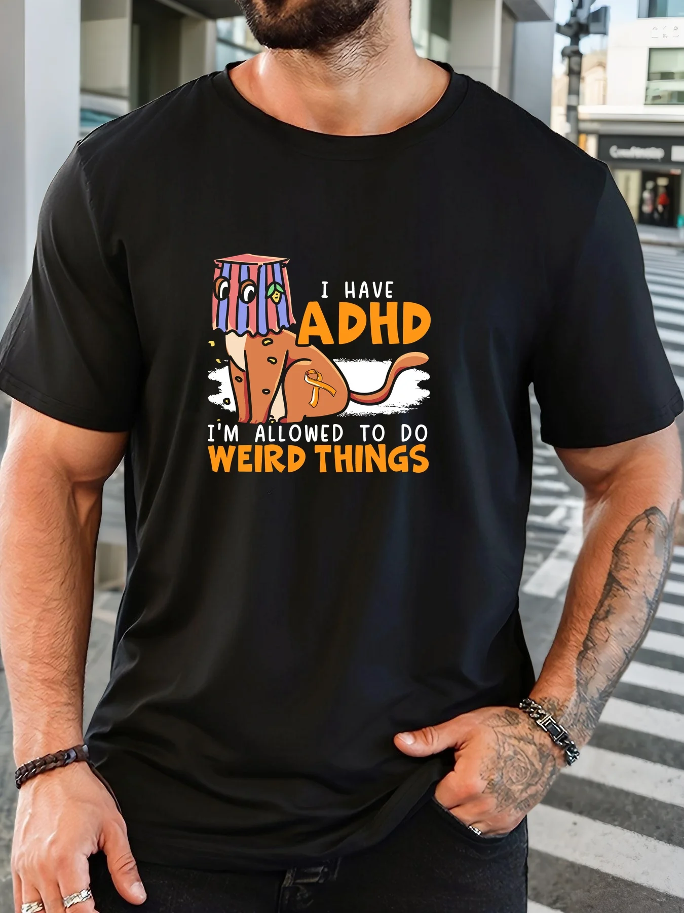 T-shirt humoristique pour hommes sur le thème du TDAH - Slogan « J'ai le TDAH, je suis autorisé à faire des choses étranges » avec motif de chat, en coton léger, confortable