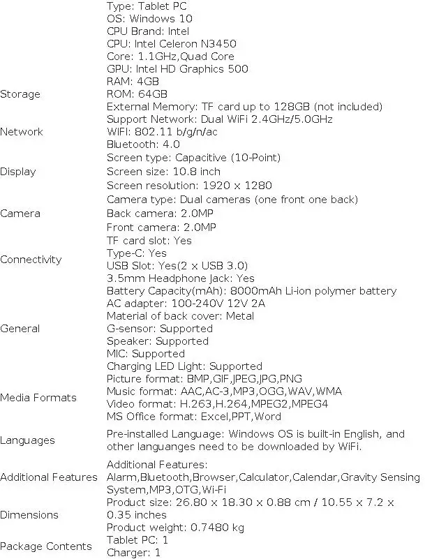 10.8 INCH 4GB RAM 64GB ROM WINDOWS 10 Tablet PC Intel Celeron N3450 CPU Core 1.1GHz Quad Core 1920 X 1280 IPS Screen WIFI