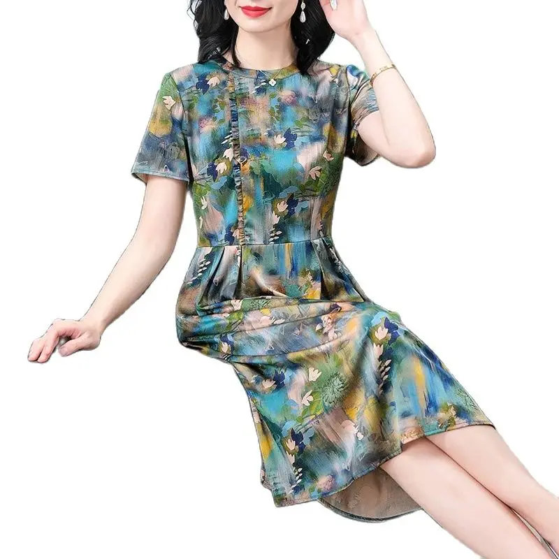 Vestido solto com estampa BirdTree para mulheres, vestidos de cintura alta, manga curta, seda real, vestido vintage, vestido grande solto, 90% seda real, D44406QC, verão 2024