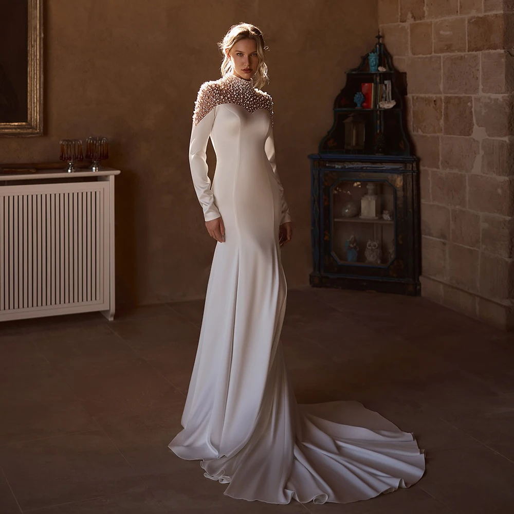 Modern High Neck Wedding Dress Sweep Train Long Sleeves Mermaid Bridal dress For Wedding Backless Vestidos De Novia Customized