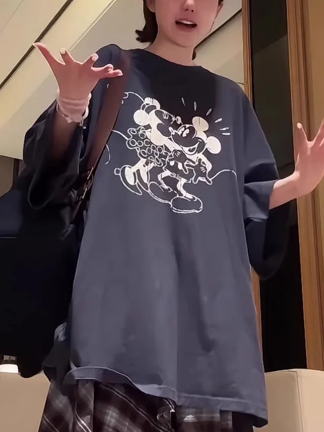 

Disney Cartoon Mickey Print Cotton Short-sleeved T-shirt Women's Summer New Loose Casual Men's and Women's Versatile Top