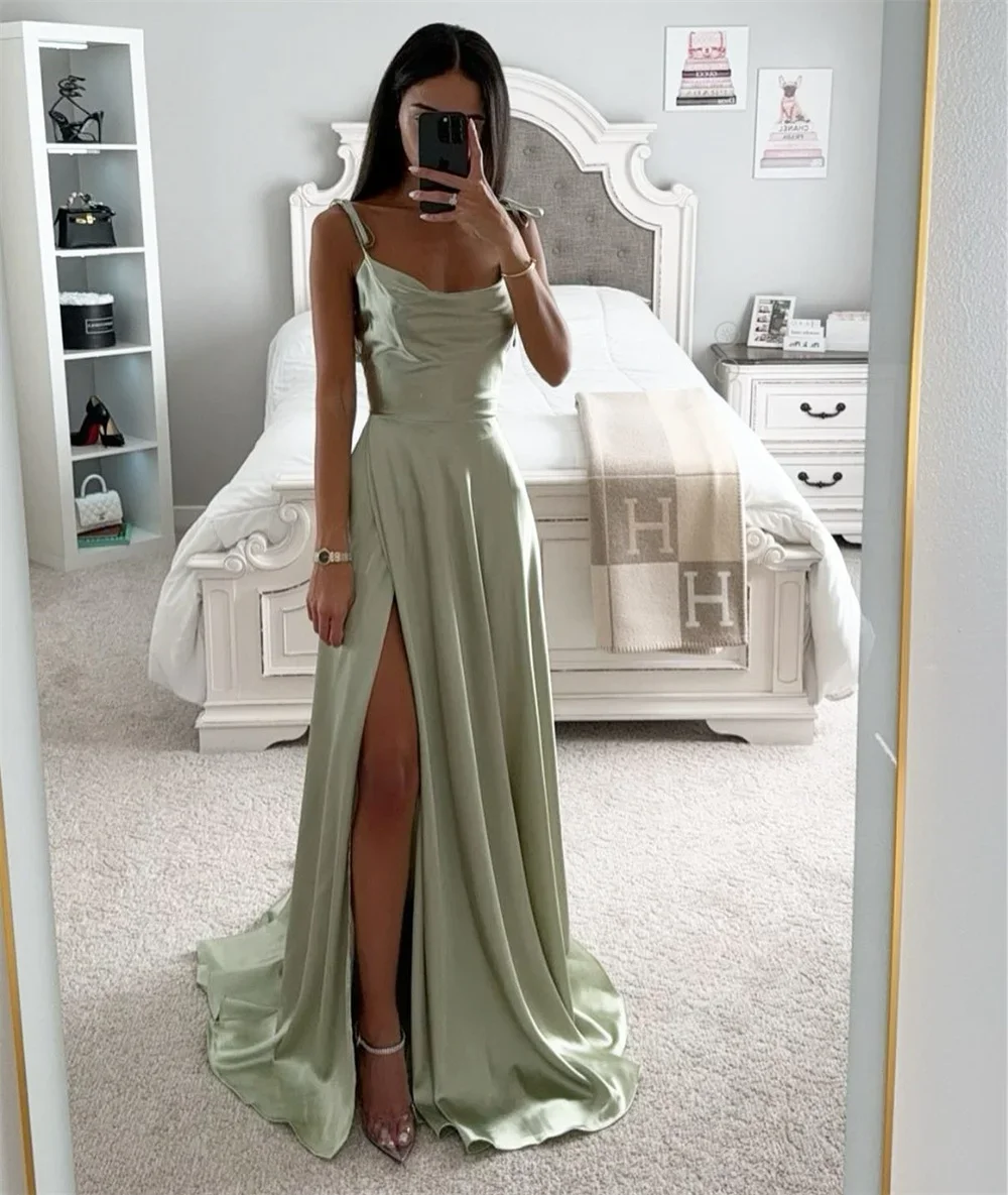 

Heart Shaped Neck Satin Prom Dress Elegant Spaghetti Strap A-line Vestidos De Noche Sexy Side Split Graduation Ball Dress