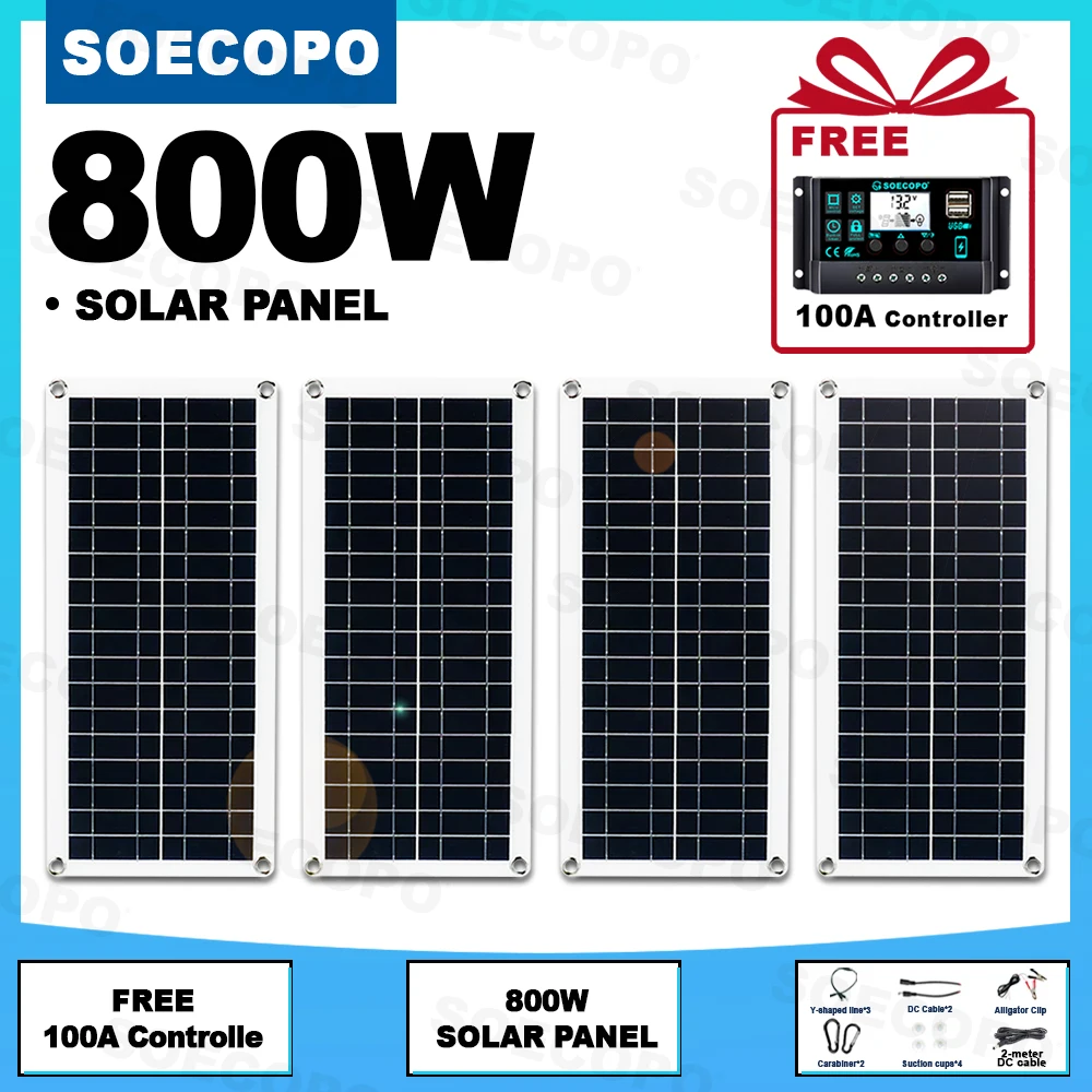 SOECOPO 800W Solar Panel Kit: 4pcs Flexible Photovoltaic System + Free 100A Controller for 12V/24V RV Boat Battery Charger