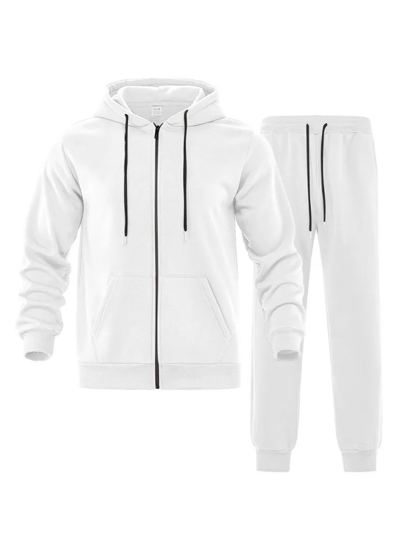 Herbst-Winter Herren Fleece Zweiteiler Set Einfarbiger Zip-Hoodie Jogginghose Warme Freizeitkleidung Locker Sitzender Täglicher Trainingsanzug – Detail 2