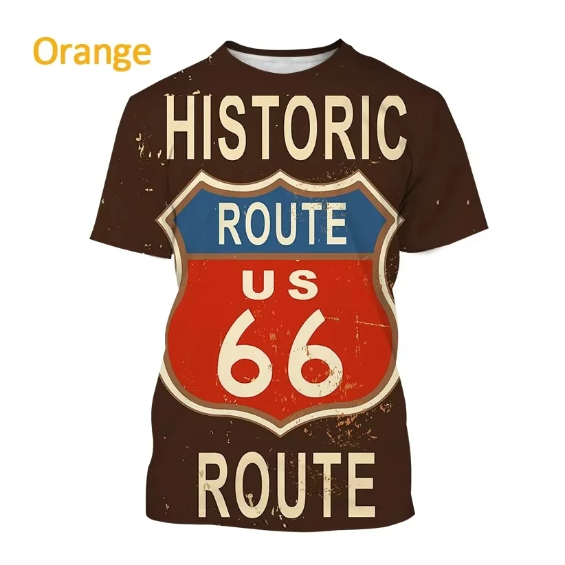 

Summer US Route 66 Graphic 3D T-Shirt Casual Pullover Outdoor Street Printed T-shirt Personality Round Neck Loose Top Tees