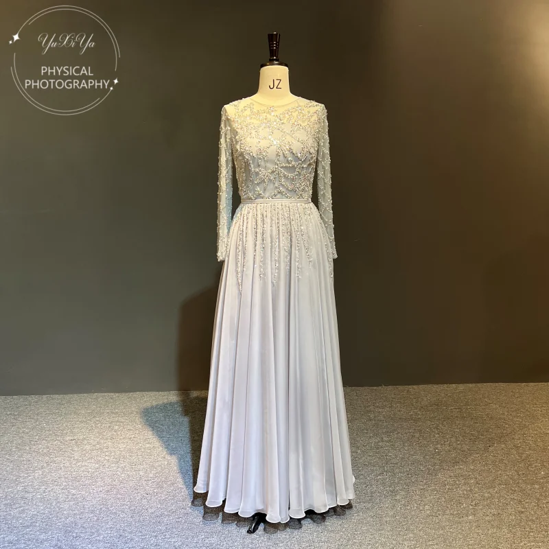 Z0282 customized 100%Real Photos فساتين السهرة Gray Chiffon Luxury Beads Aline  Formal Prom Party Dance Bridal Evening Dress