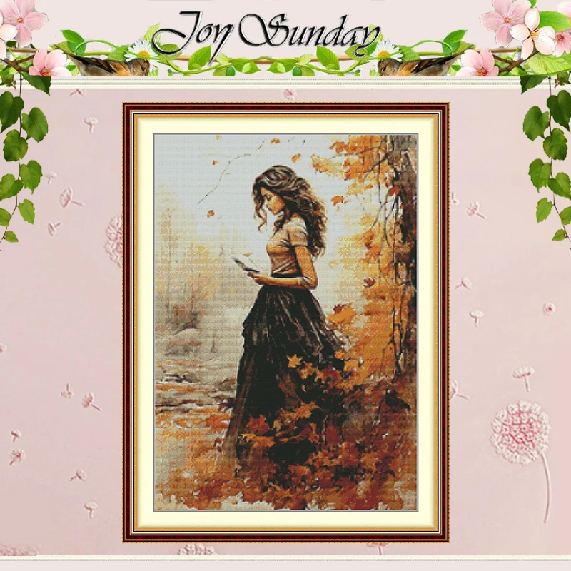 A Girl Reading in Autumn Patterns Counted Cross Stitch Set 11CT 14CT 16CT HD Stamped DMC Cross-stitch Kit Embroidery Needlework