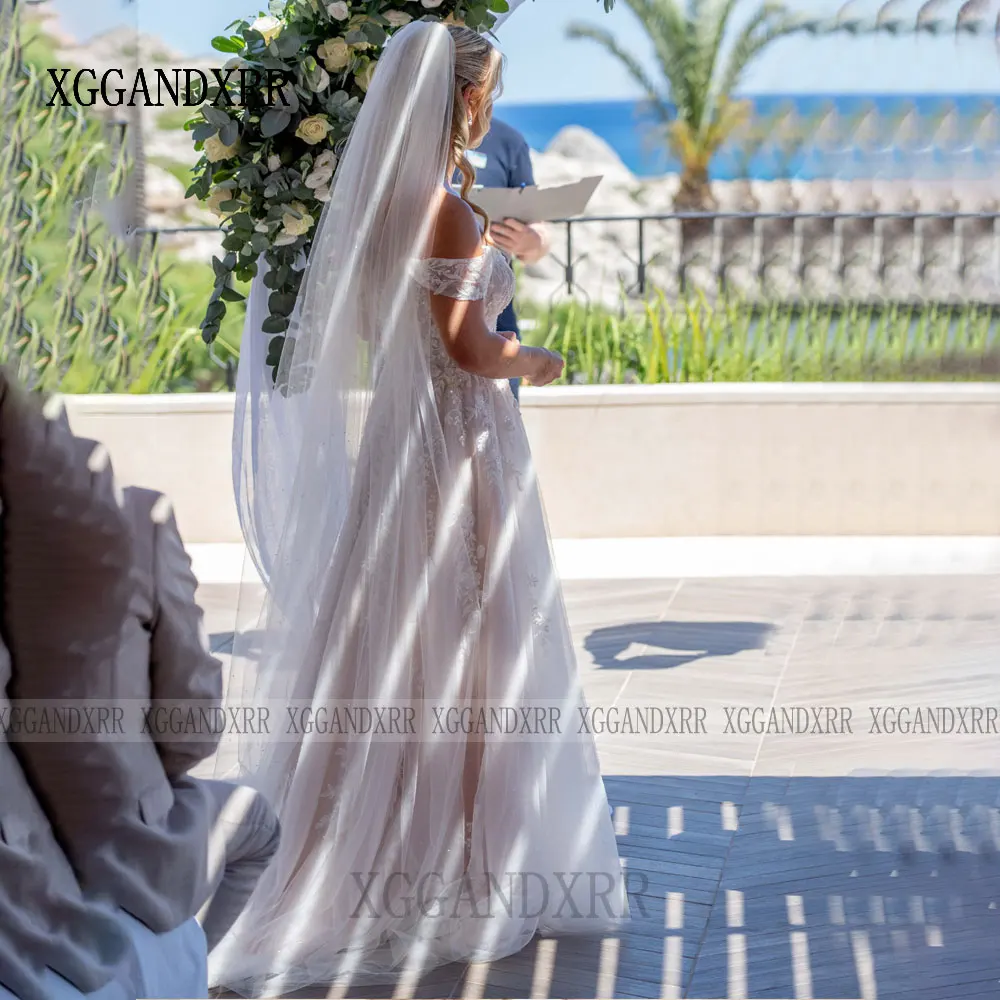 Robe de mariée trapèze personnalisée, élégante, col en V, épaules dénudées, avec des Appliques en dentelle, longue robe de mariée de plage, dos nu, 2026