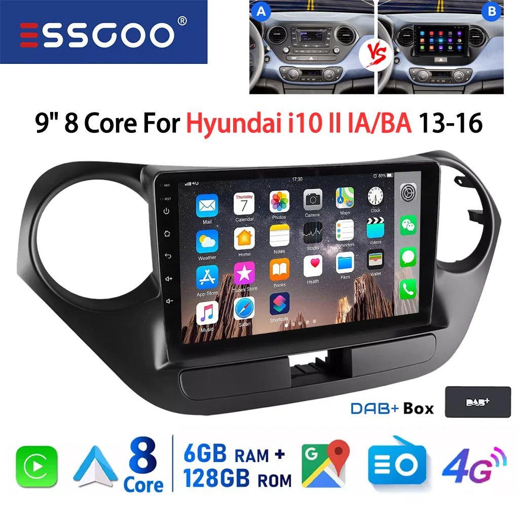 ESSGOO 8-Core 128GB 9" Display Voor Hyundai i10 II IA/BA 2013-2016 Android 14 Autoradio CarPlay Android Auto GPS Navigatie 4G WiFi FM RDS BT DSP 2 DIN Multimedia Speler - afbeelding 1