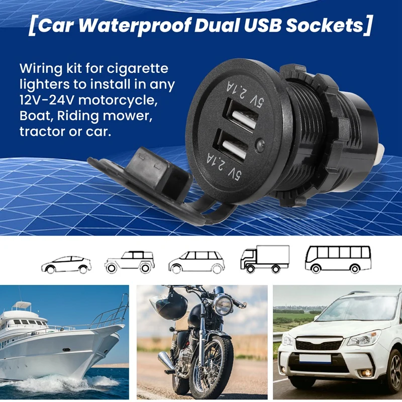 Pop 12V-24V Car Vehicle Waterproof 5V 2.1A + 2.1A Dual USB Power Sockets Outlet