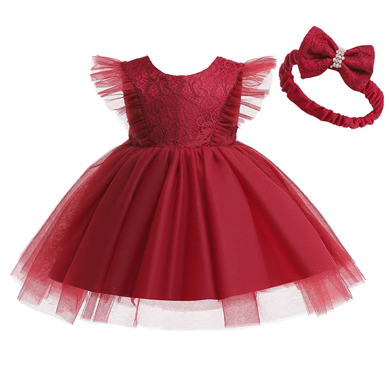 0-24Month Pink Lace Red Black Baby Girl Dress Party Wedding Bow Princess Vestido Newborn Toddler Baby Girls Clothes OBF226428