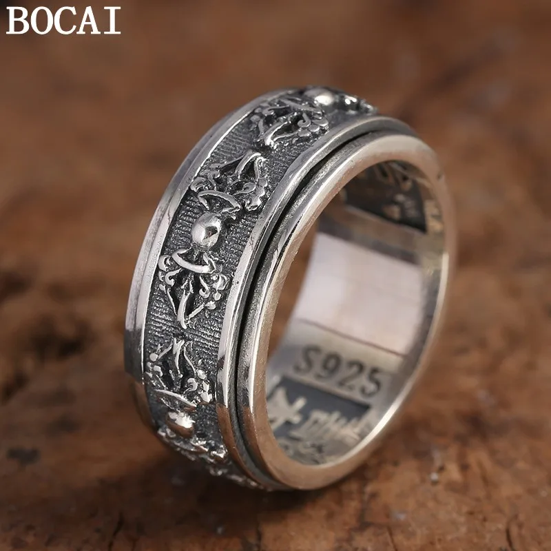 BOCAI New S925 Sterling Silver Jewelry Retro Punk Rotatable Diamond Pestle Ring Men's Selected Gift