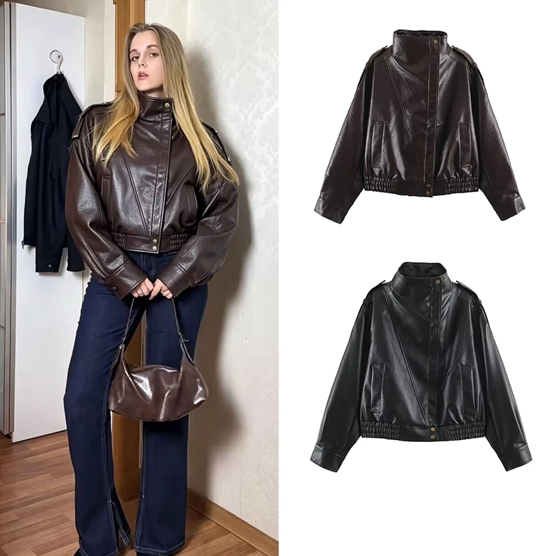 Autumn Women's Jackets 2026 New Chic Loose Short Turtleneck Warm PU Leather Jackets Street Chic Fall Women's Long-Sleeved Coats