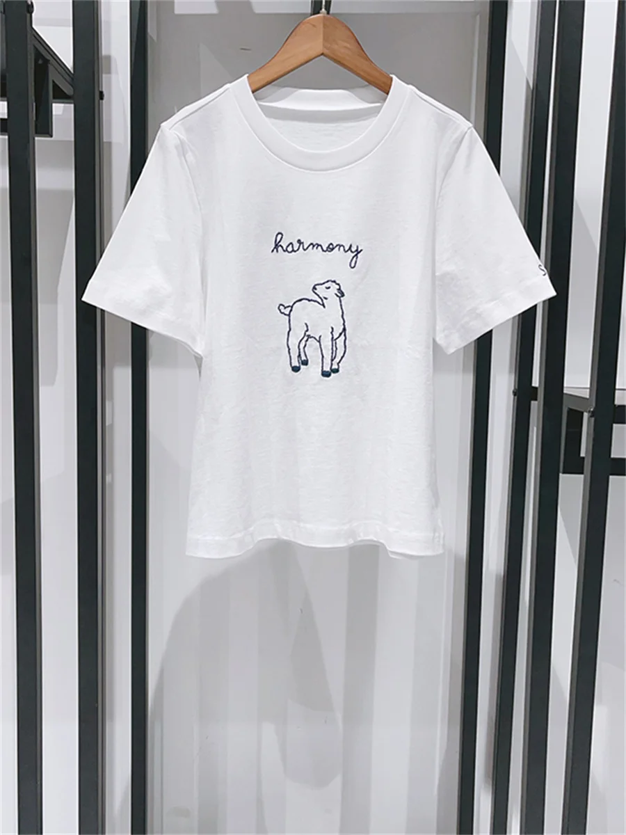 100% Cotton Women White Tee Tops Summer New 2024 Short Sleeve O-Neck Casual All-Match Ladies Embroidery of Lamb Pattern Tshirt