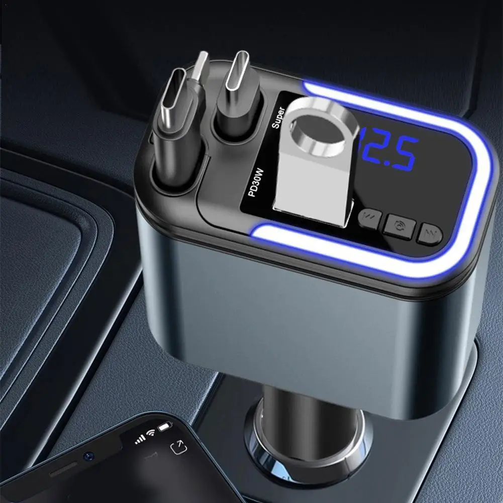

180W 5 IN 1 Retractable Car Charger With Intelligent Digital Display USB PD Type C Cable Fast Charging Adapter