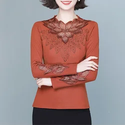 2023 New Autumn and Winter Elegant and Fashionable Lace Flower Diamond Slim Fit Commuting Plush Overlay Long Sleeve Women's Top