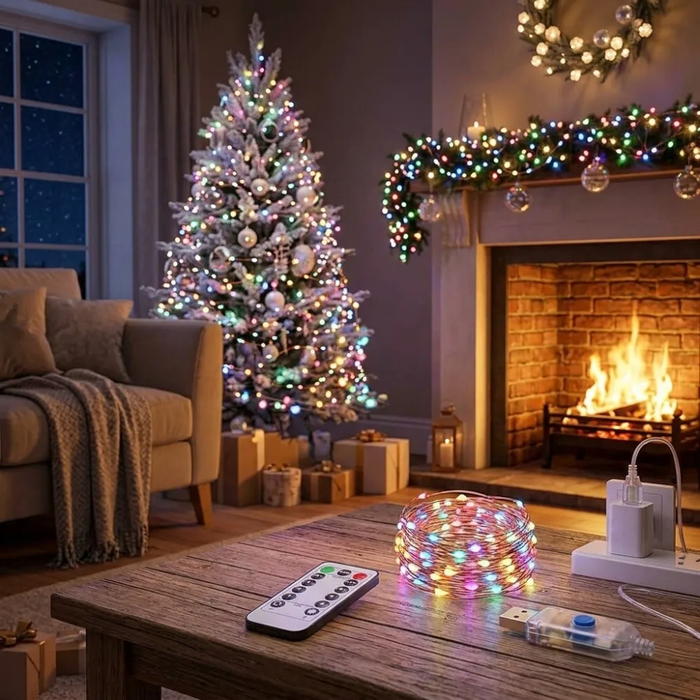 LED Copper Wire Fairy String Lights USB Powered Remote Control 8 Modes Multicolor for Christmas Party Home Balcony Table Decor