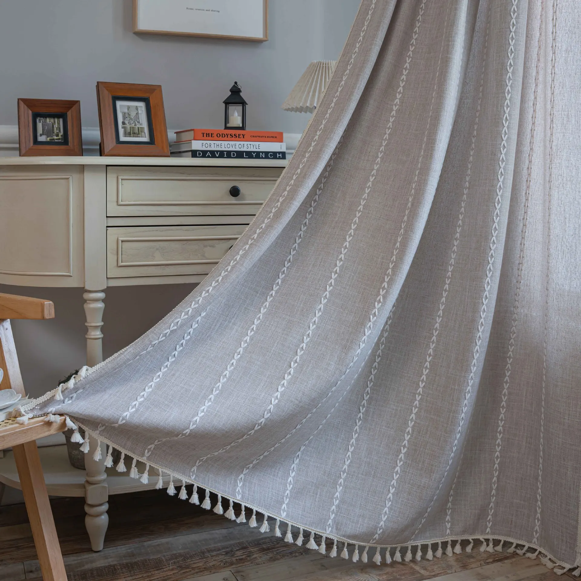 Cotton Linen Curtains Road Pocket Shade Curtain Tassel for Kitchen Bedroom Living Room Bay Window Cabinet Curtain