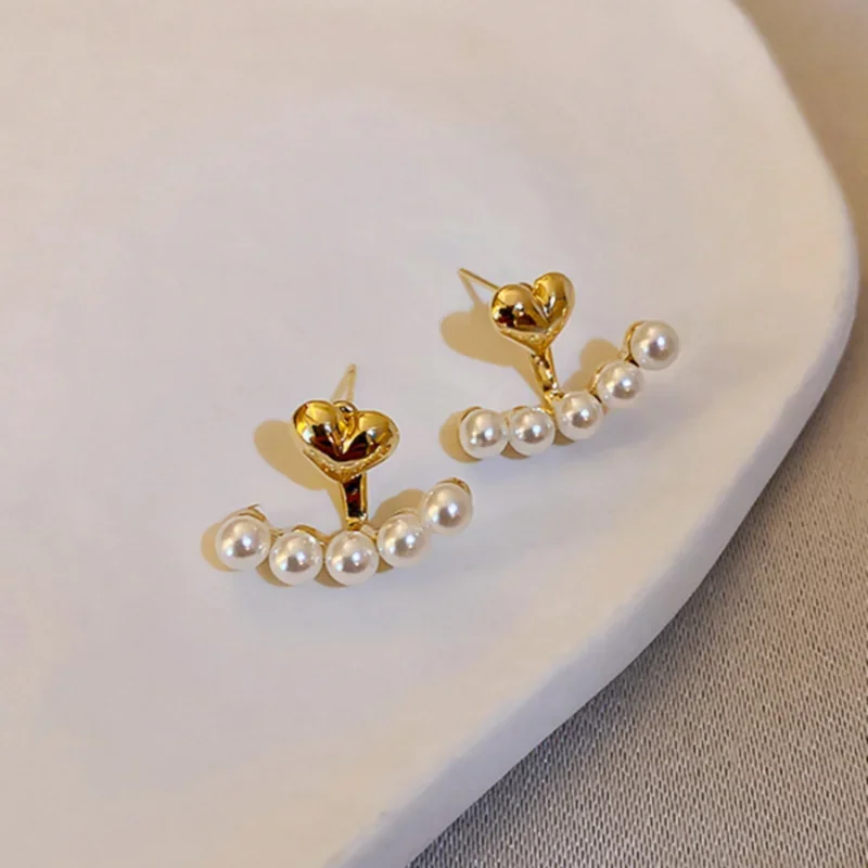 New Fashion Charm Heart Pearl Stud Earrings for Women Luxury Gold Color Wedding Bride Jewelry Accessories Gift Pendientes Mujer