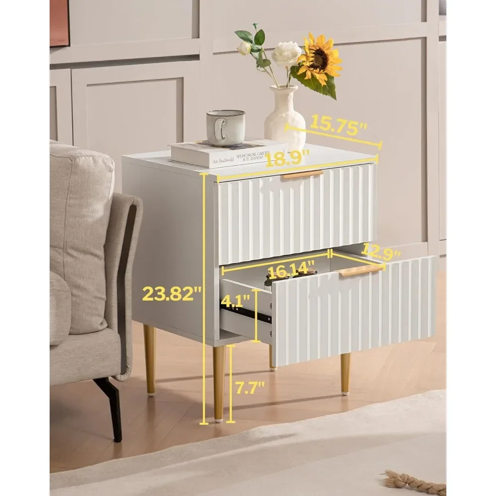 White Night Stand Set 2, Wide Fluted Nightstand with 2 Drawers, End Side Table with Golden Metal Legs and Handles（2, White）