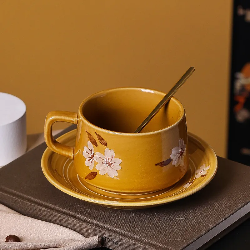 Creative Floral Pattern Cute Cups, Household Office Items Porcelain Water Mug, Minimalist style Coffee Cup and Plate Combination