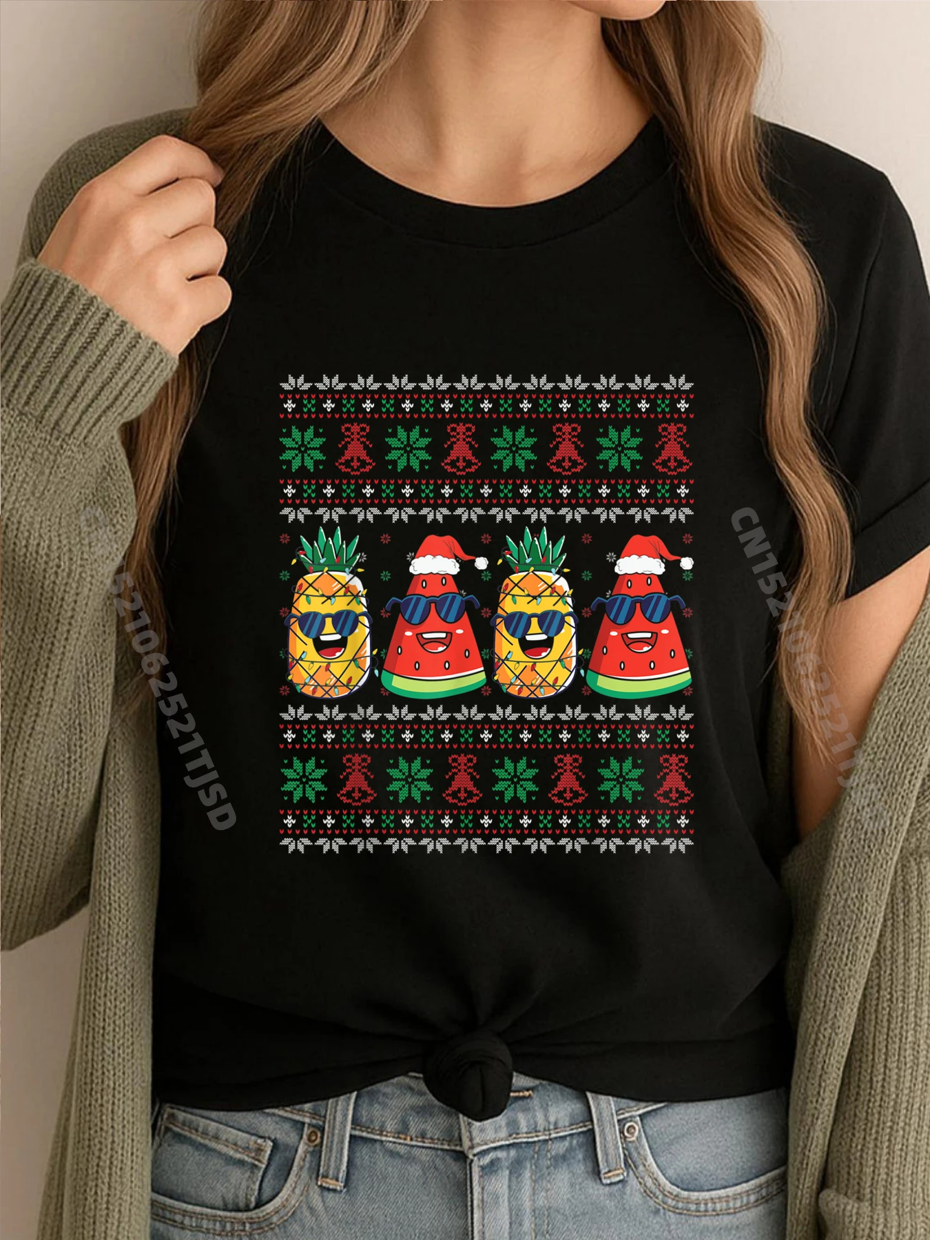 

Christmas In July Christmas Pineapple Ugly Christmas Shirts Graphic Tee Comfortable Men's T-Shirts WashedMan Tops Tees