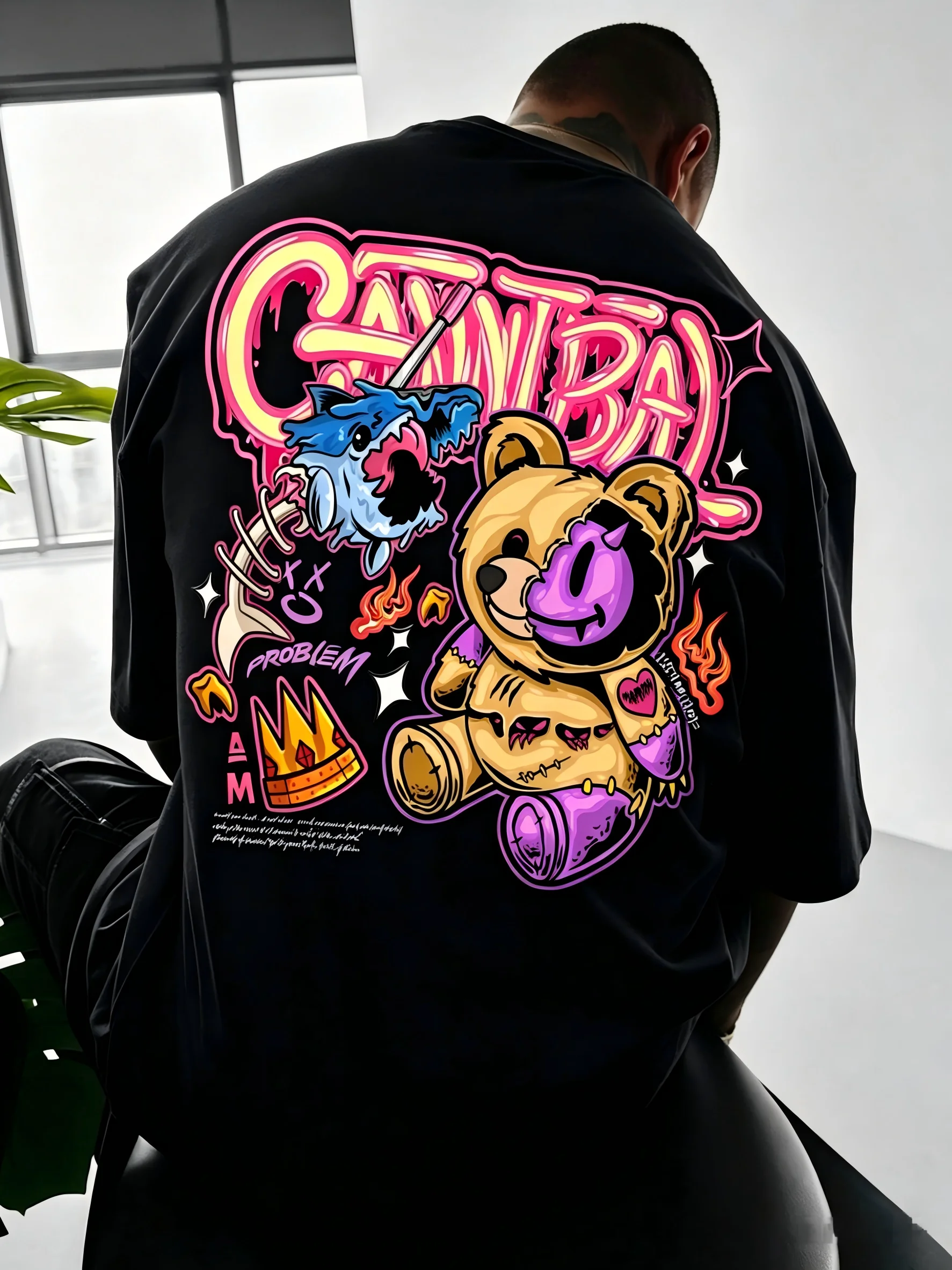American men's summer teddy bear fish bone graffiti print comfortable and breathable round neck T-shirt outdoor street top