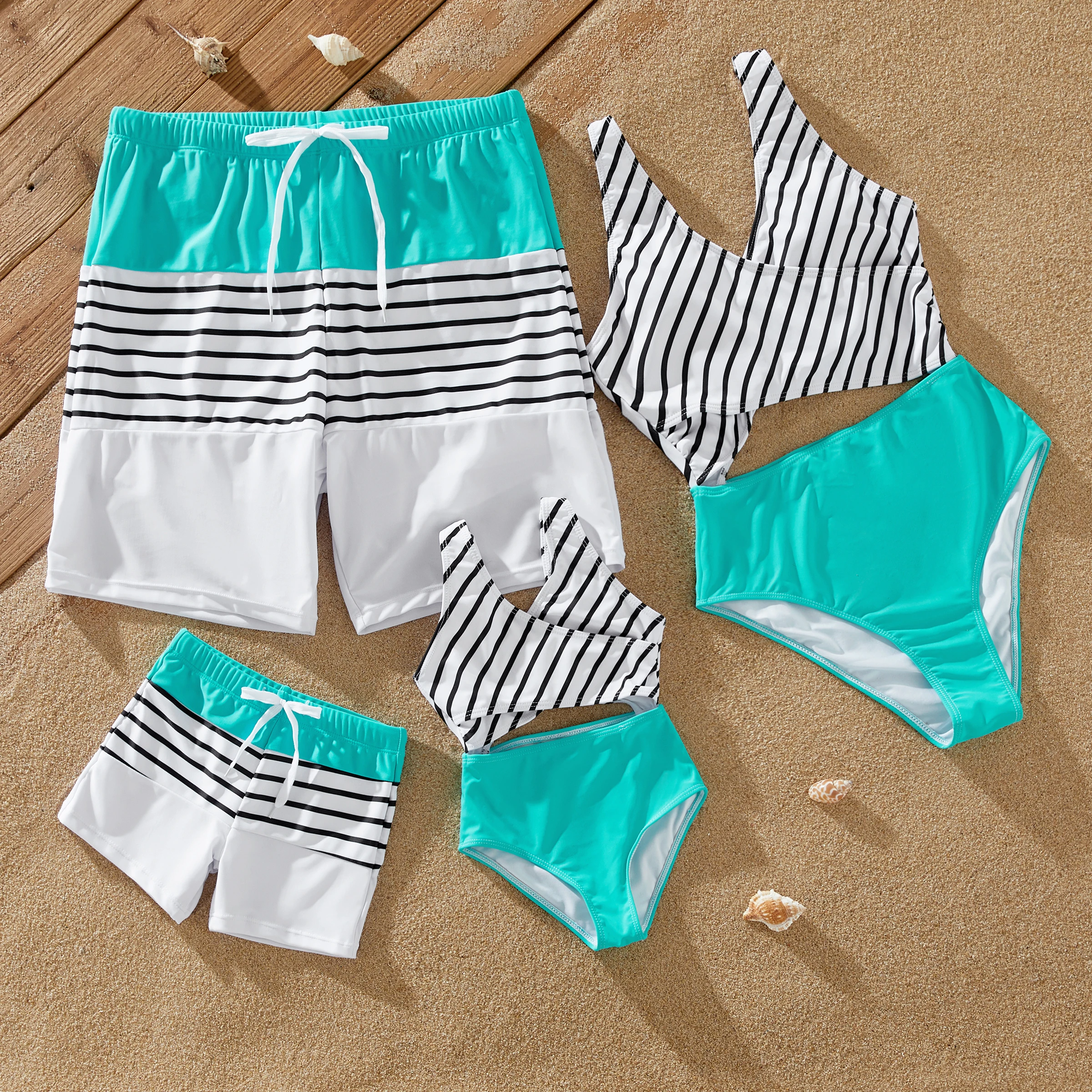 

PatPat Family Striped Lace Up Swimsuit With Color Block Swim Trunks Casual Outfit Set