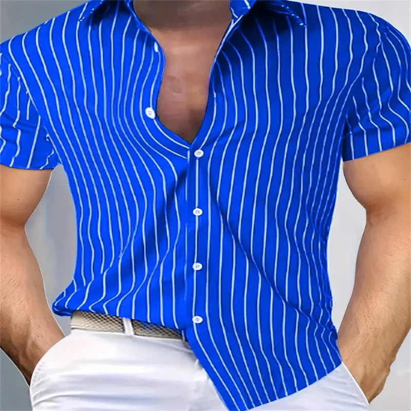 

Camisa holgada a rayas para hombre, informal, de manga corta con solapa y botones, tela suave, 13 colores, tallas XS-6XL
