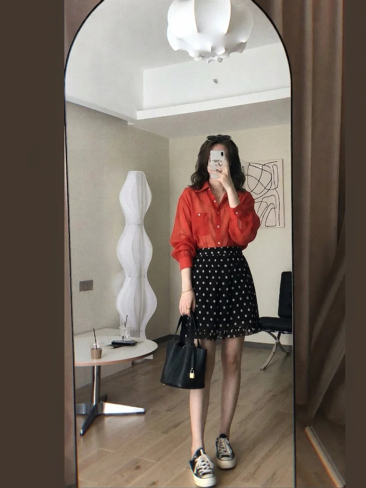 

Mao Li Xiao Si Lang Loose Long Sleeve Women's Shirt Red Color Sun Protection Casual Style Fashionable White Enhancing Top