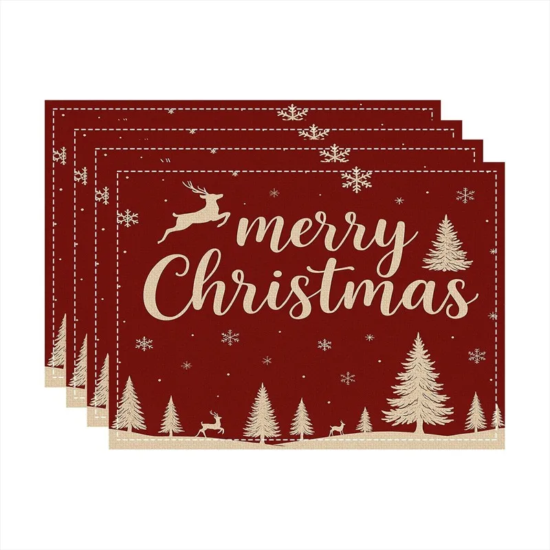 VIKAMA Linen Placemats Merry Christmas Reindeer Burgundy Cream, Stain Resistant Easy to Clean, Dining Table