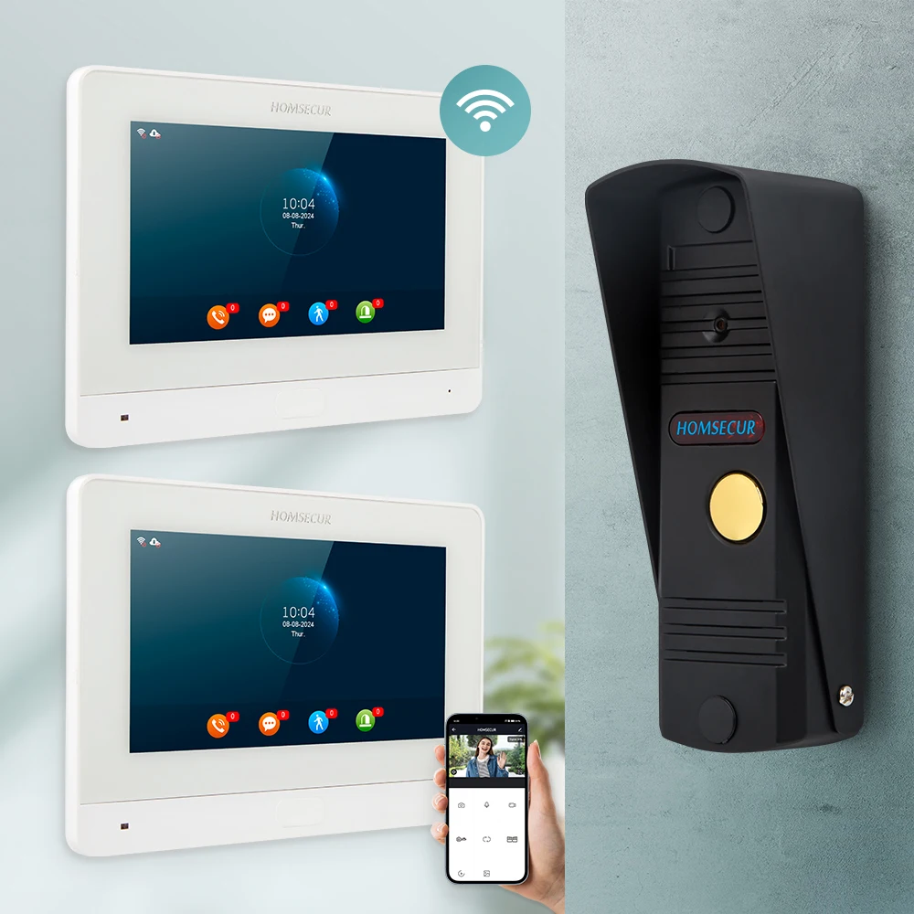 HOMSECUR Waterproof WIFI HD Video Doorbell Intercom Black Camera External Memory 1 Doorbell Camera 2 Indoor Monitors