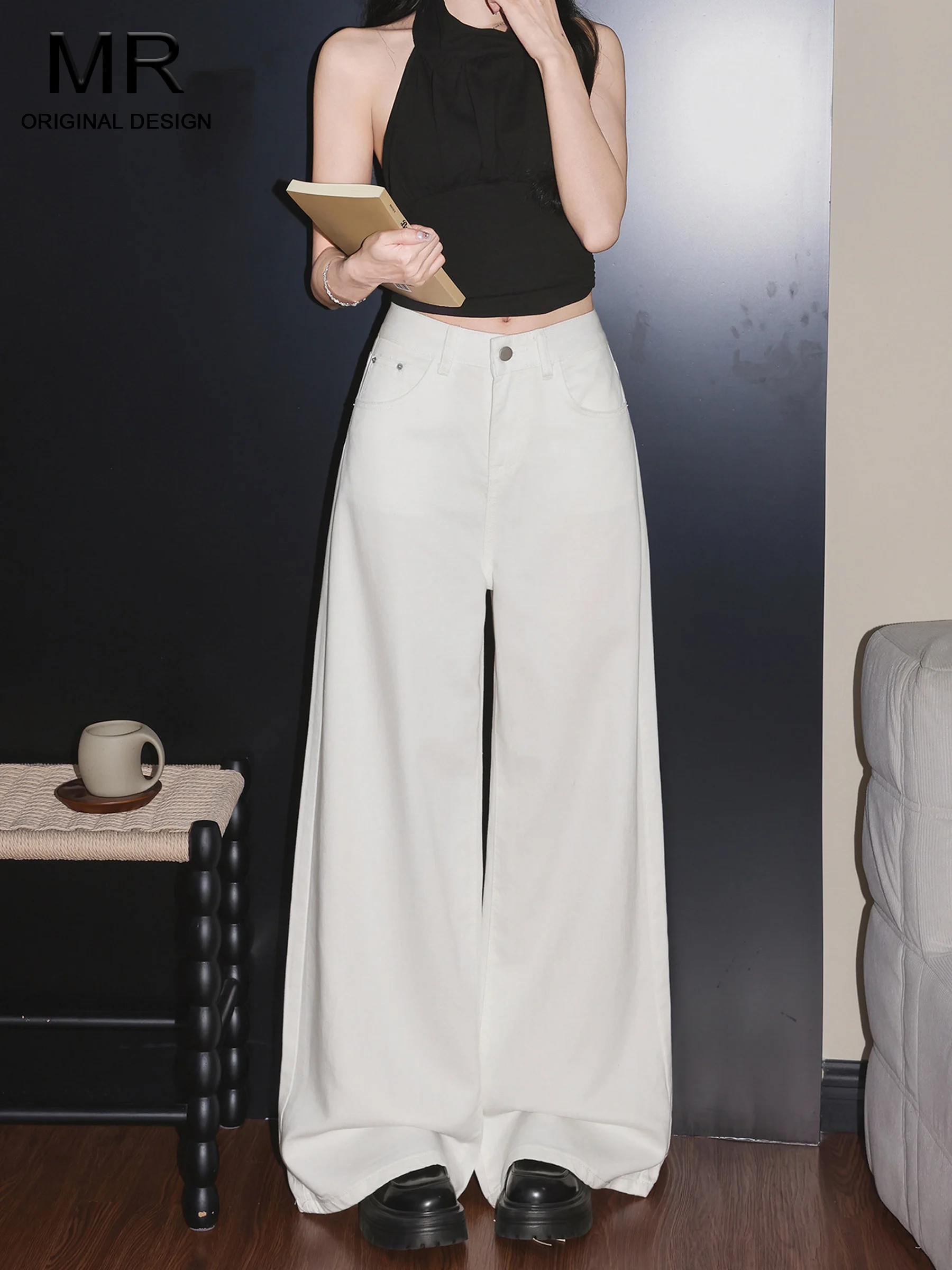 High Waist Wide Leg Silk Denim Jeans Women's Summer Loose Fitting Slimming Drapey Floor Length Pants American Style Casual