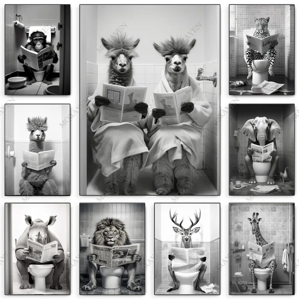Alpaga assis sur la toilette drôle salle de bain animaux affiche impression toile peinture mur Art Humor WC toilette cadeau maison chambre décor