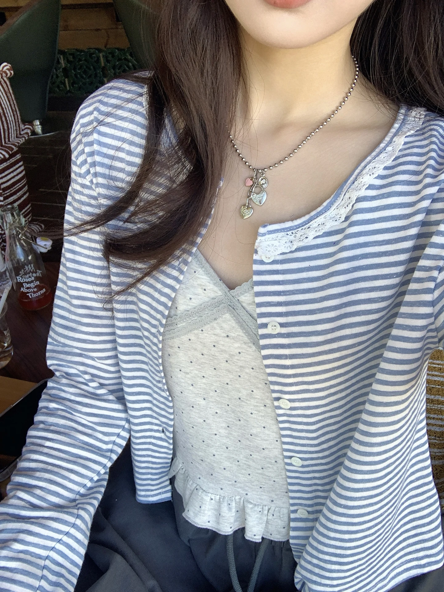 

Кардиган Hollyii в корейском стиле с синими полосками и вставками в горошек, весна 2026, новинка, женская короткая верхняя одежда